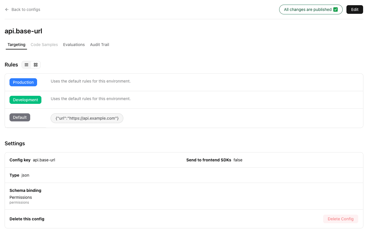 Config detail view showing per-environment rules, targeting tabs, and settings