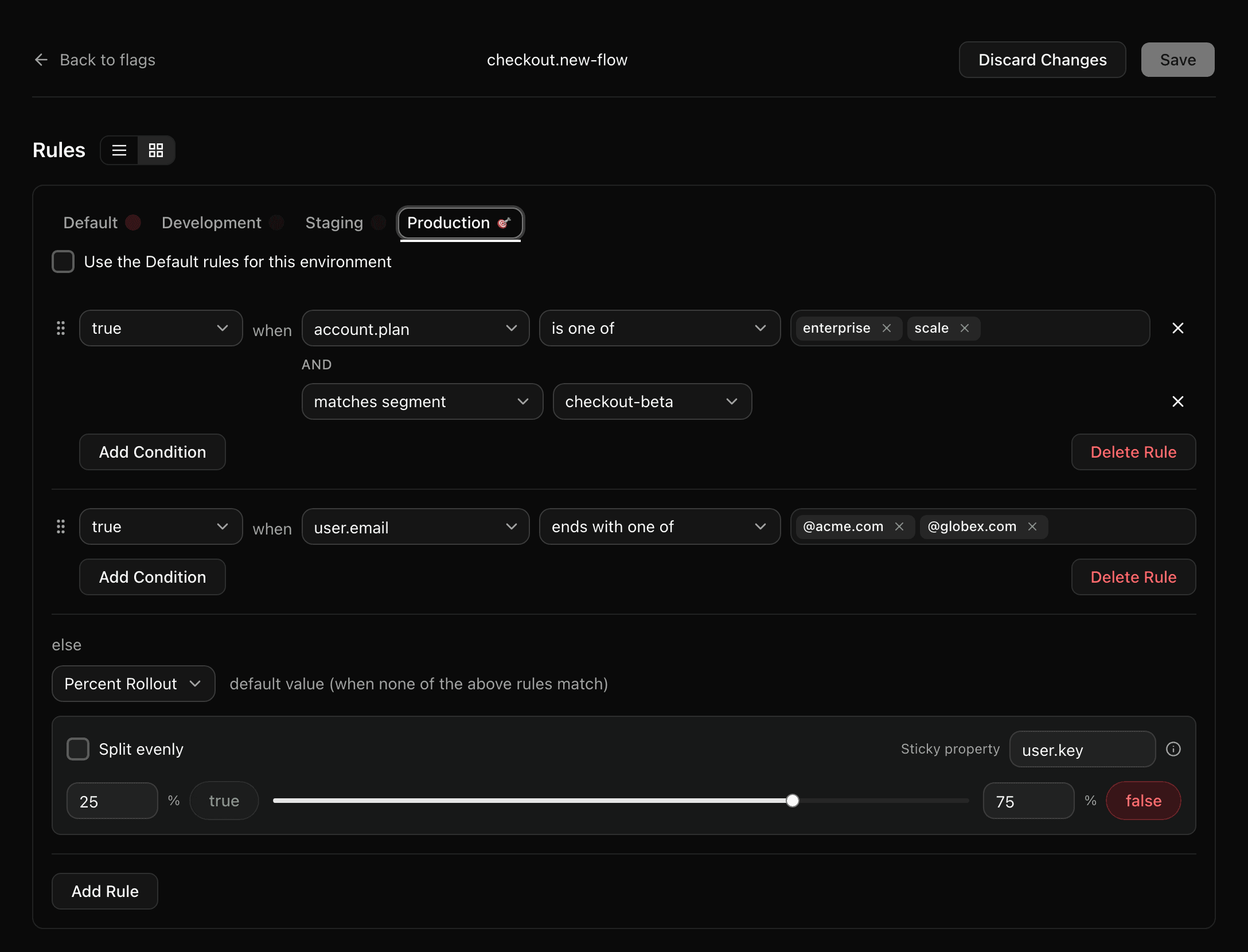 Quonfig targeting rules on the Production environment tab: return true when account.plan is one of enterprise or scale AND the user matches the checkout-beta segment, then true when user.email ends with @acme.com or @globex.com, otherwise a 25/75 percentage rollout keyed on user.key