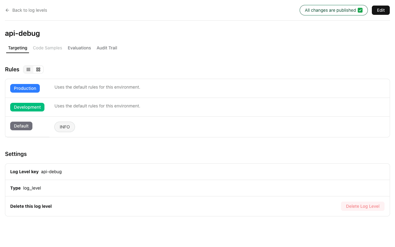 Log level detail view showing targeting rules and per-environment overrides