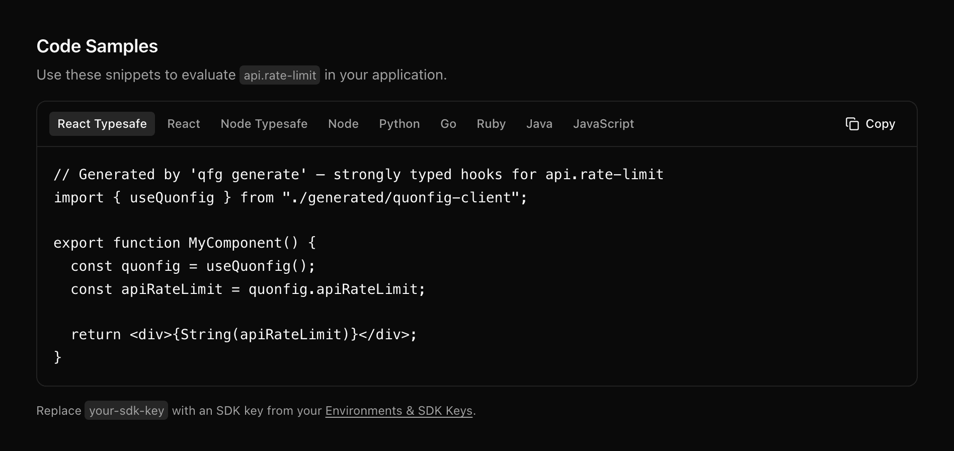 Quonfig code samples panel for api.rate-limit with tabs for React Typesafe, React, Node Typesafe, Node, Python, Go, Ruby, Java, and JavaScript, showing a generated strongly-typed React hook snippet and a copy button