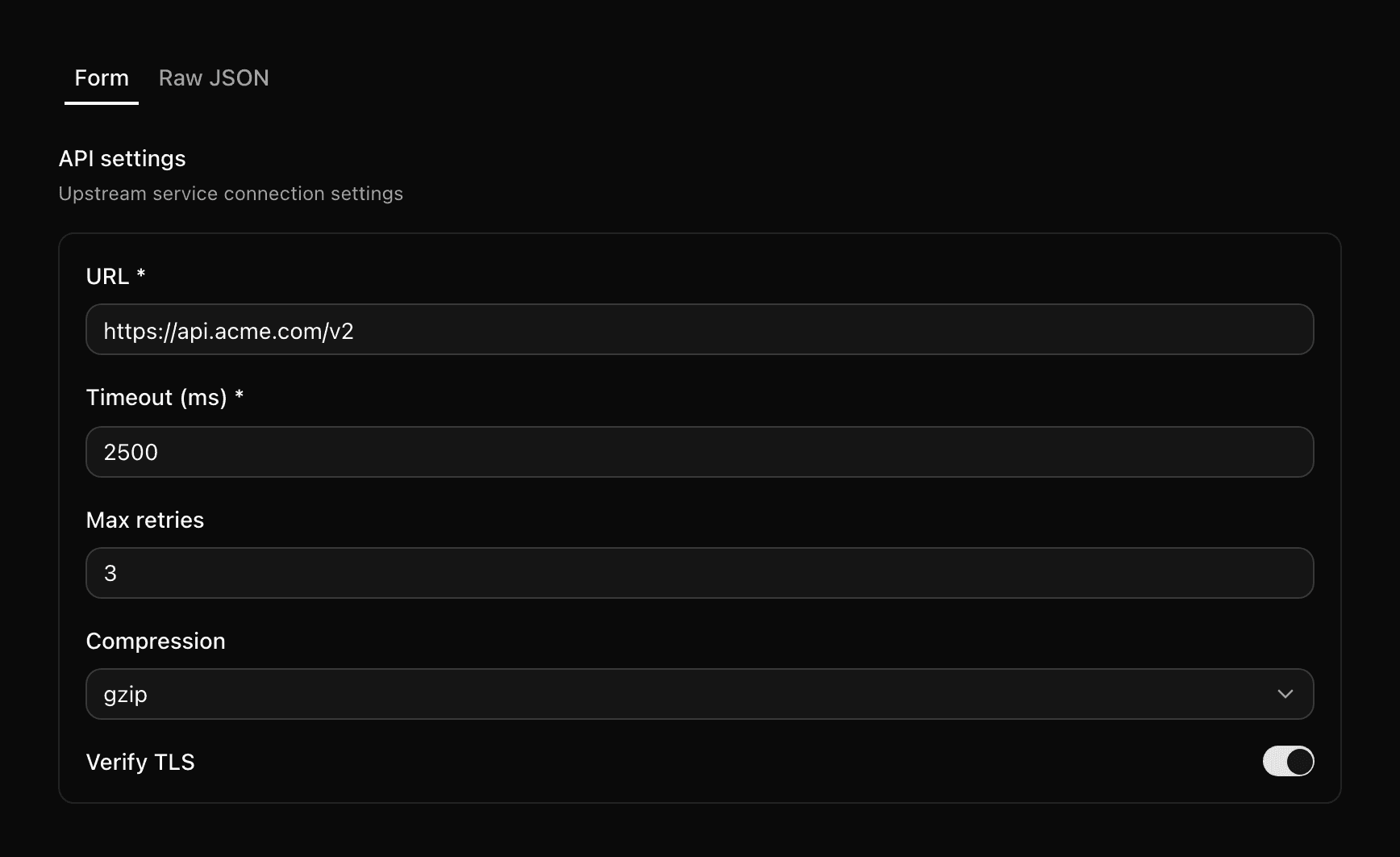 The same JSON Schema rendered as a form in Quonfig: a URL text field, a numeric timeout, max retries, a compression dropdown limited to the schema's enum values, and a Verify TLS toggle — with a Raw JSON tab alongside