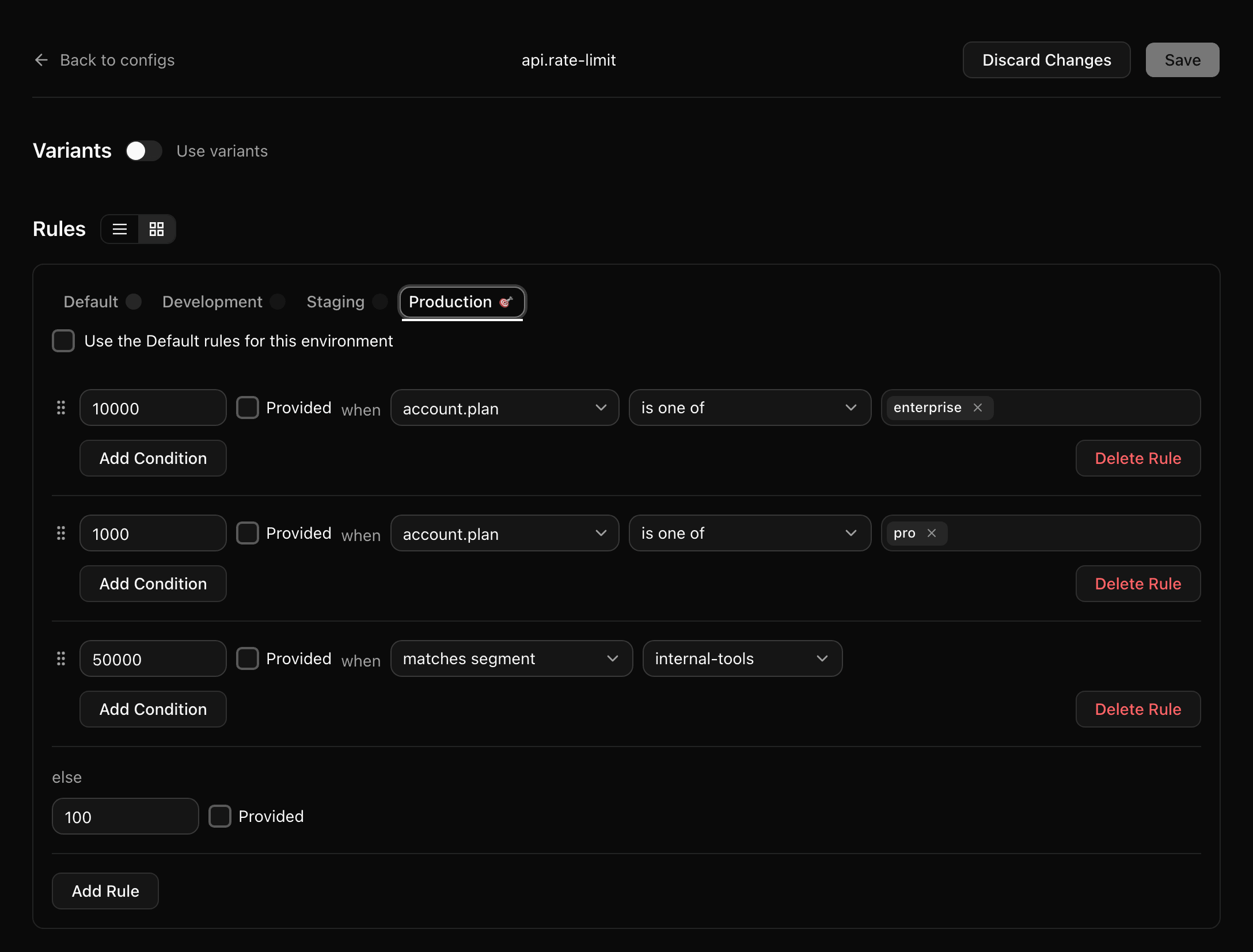 Quonfig config targeting rules for api.rate-limit on the Production tab: 10000 when account.plan is enterprise, 1000 when it is pro, 50000 when the caller matches the internal-tools segment, otherwise 100