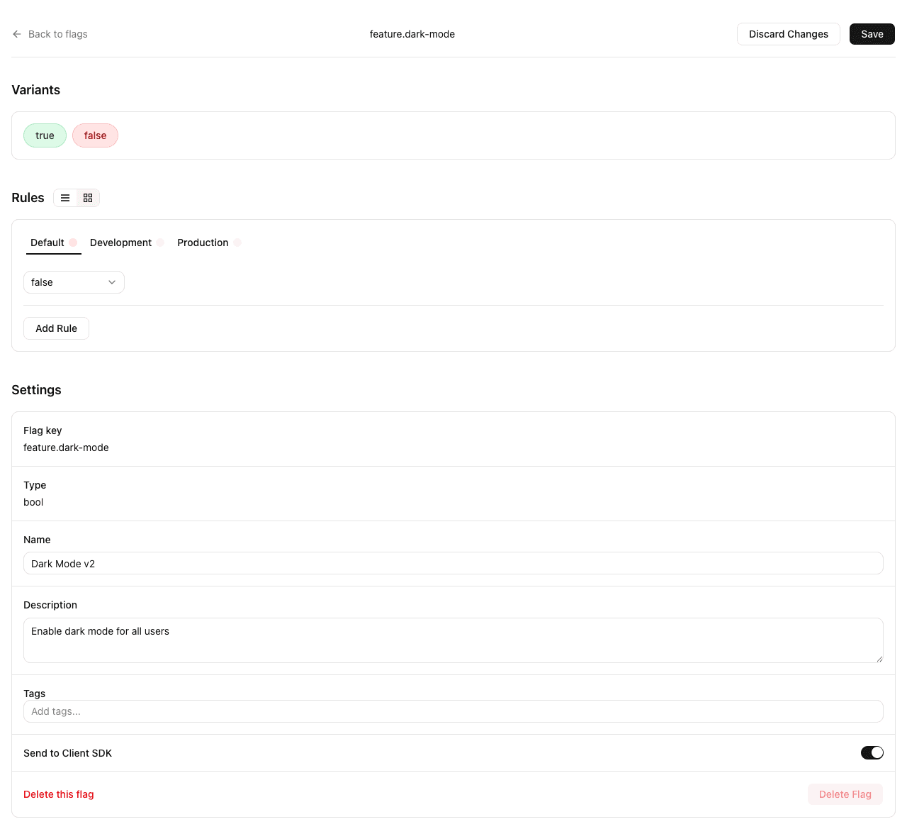 Quonfig flag detail view showing targeting rules with property-based conditions and percentage rollouts