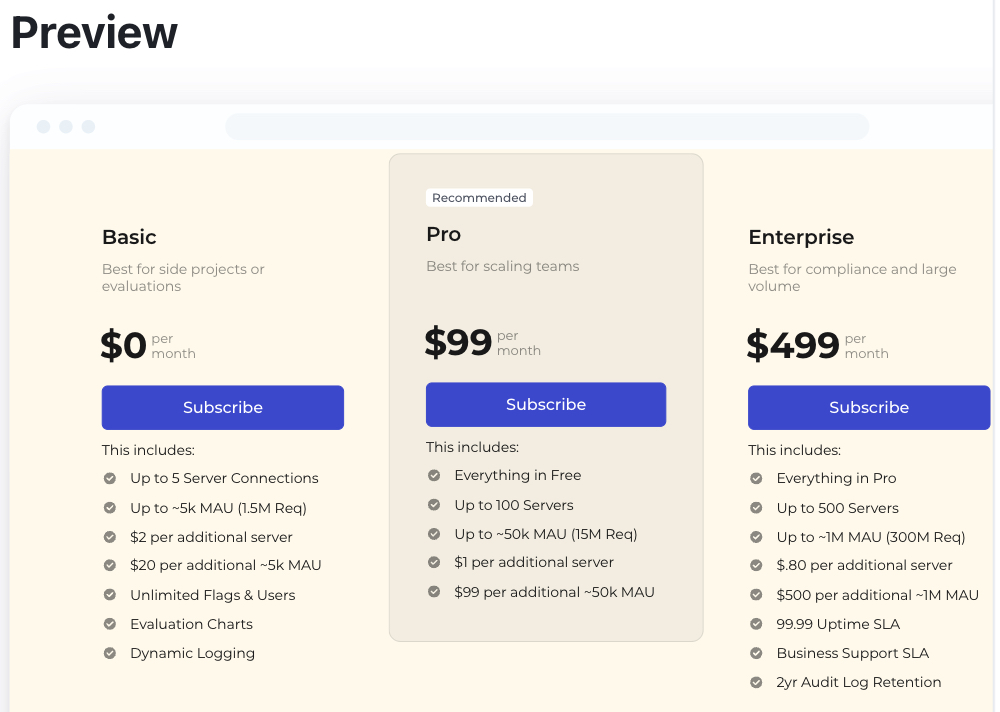 stripe pricing table UI widget