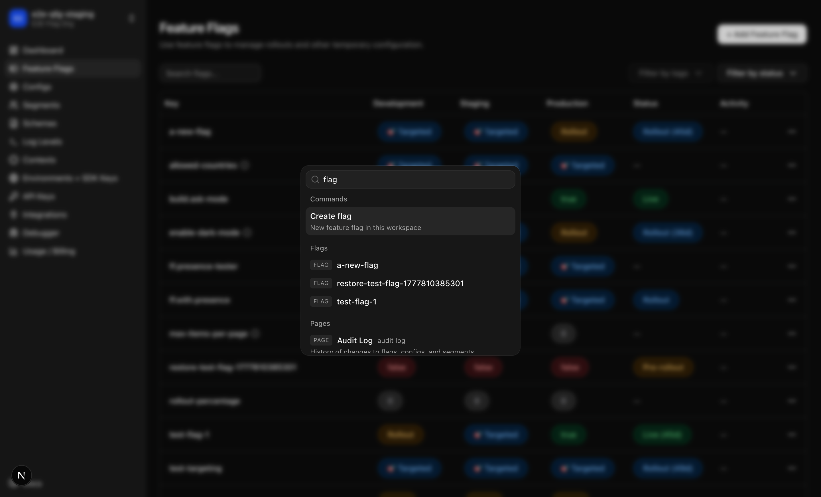 Cmd-K command palette open over the feature-flag list, showing a "Create flag" command, three matching flag results, and a Pages section.